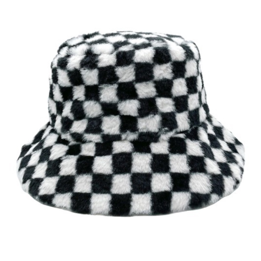 DO EVERYTHING IN LOVE Faux Fur Checkered Bucket Hat